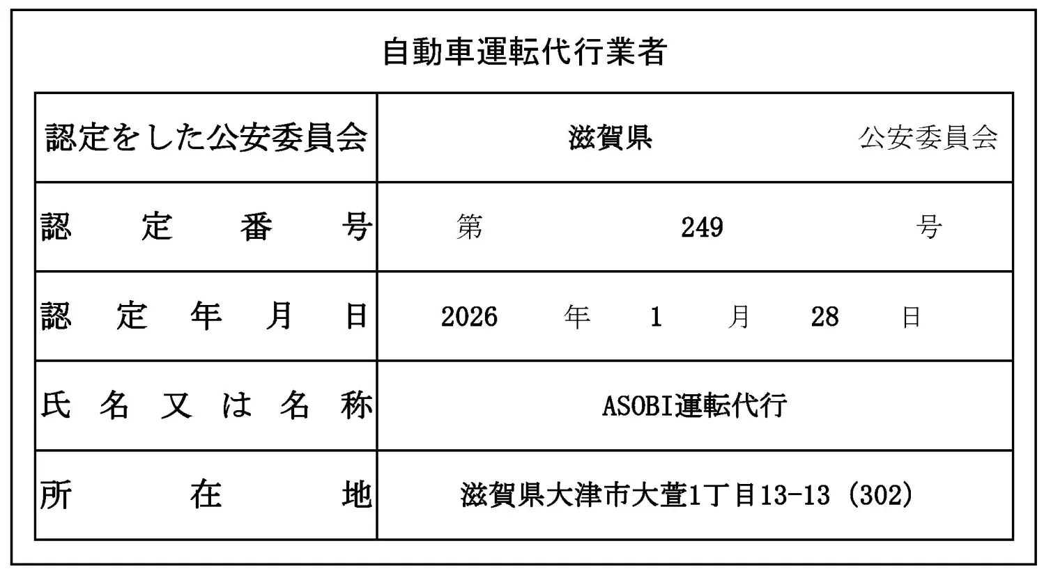 自動車運転代行業者認定証（滋賀県公安委員会 第249号）